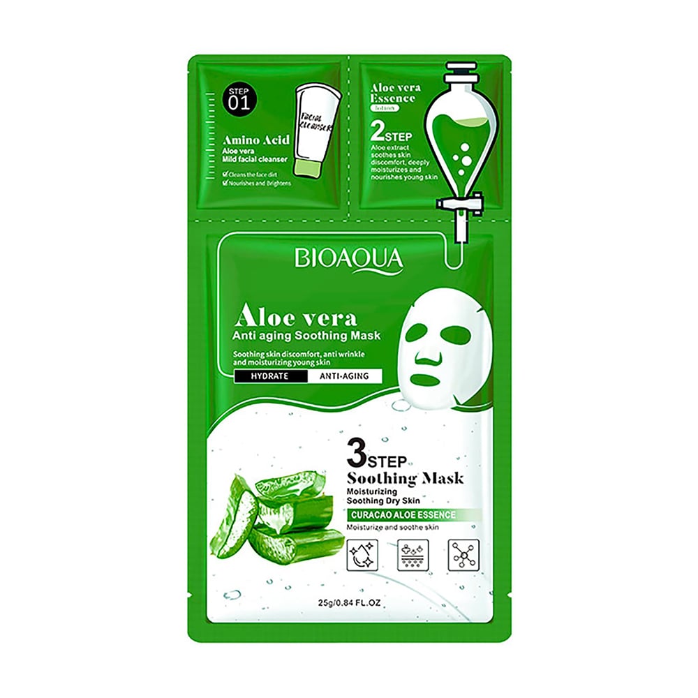 Триетапна маска для обличчя Bioaqua Aloe Vera Anti Aging Soothing Mask (Step 01, 0.8 г + Step 02, 0.8 мл + Step 03, 25 г)