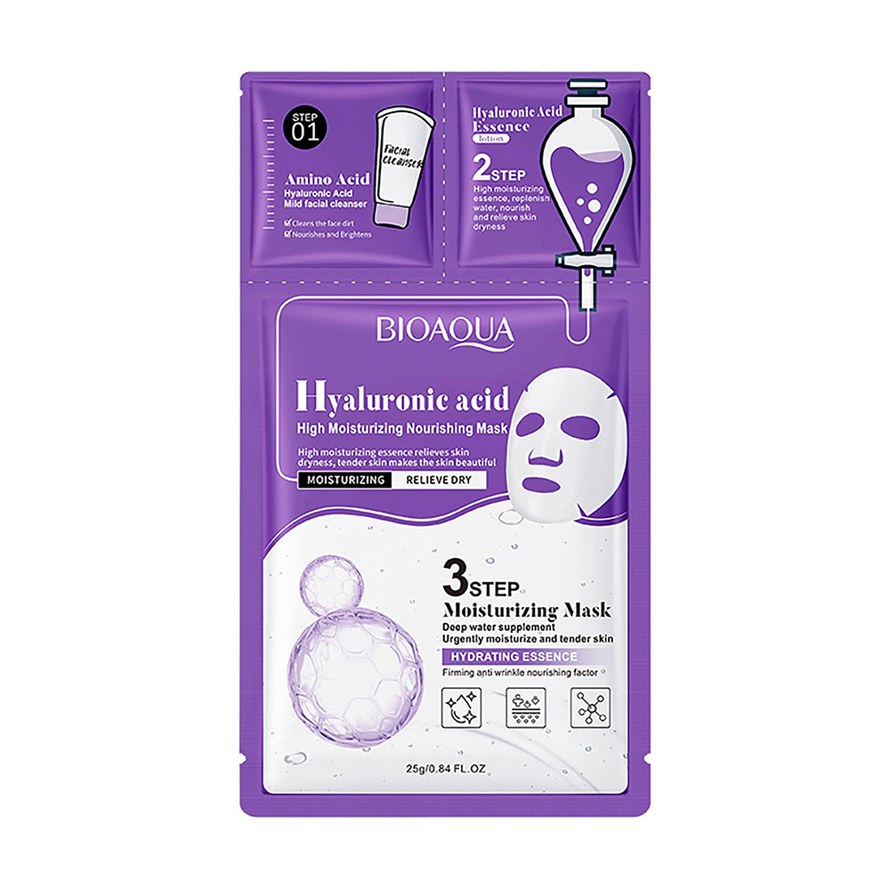 Триетапна маска для обличчя Bioaqua Hyaluronic Acid High Moisturizing Nourishing Mask (Step 01, 0.8 г + Step 02, 0.8 мл + Step 03, 25 г)